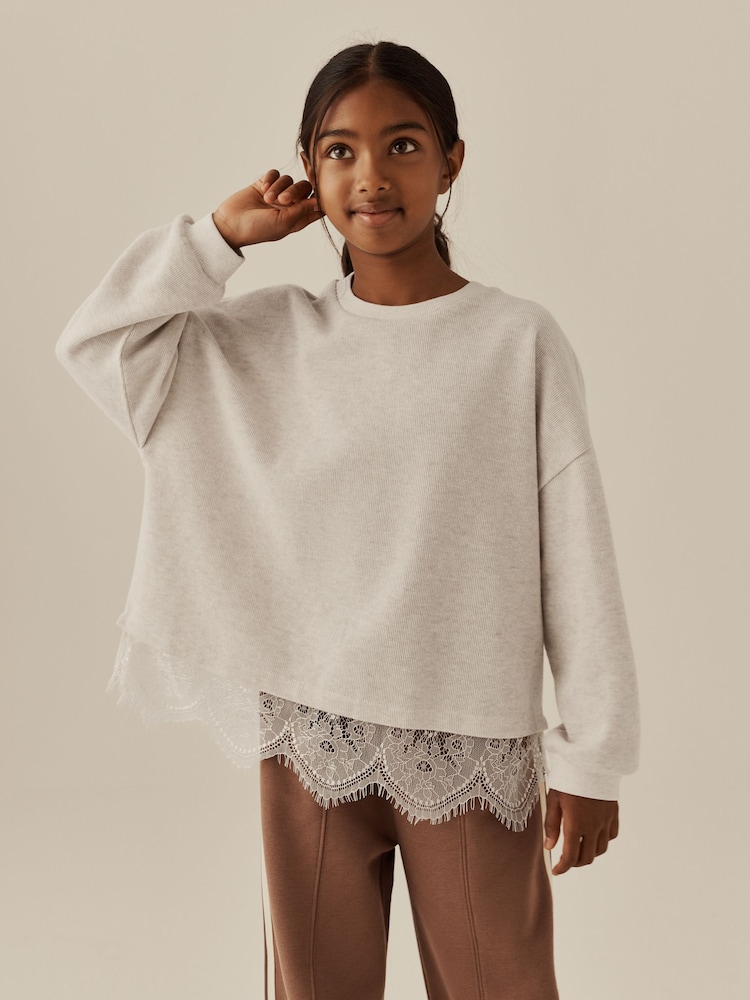 Oatmeal Cosy Rib Lace Hem Sweatshirt (3-16yrs) - Image 1 of 8