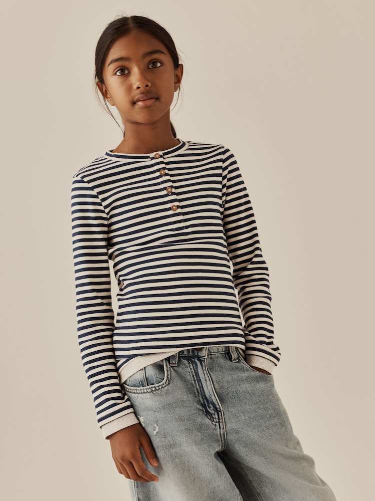 Navy Stripe Long Sleeve Ribbed Henley Top (3-16yrs) - Image 1 of 8 Navy Stripe Long Sleeve Ribbed Henley Top (3-16yrs) - Image 1 of 8