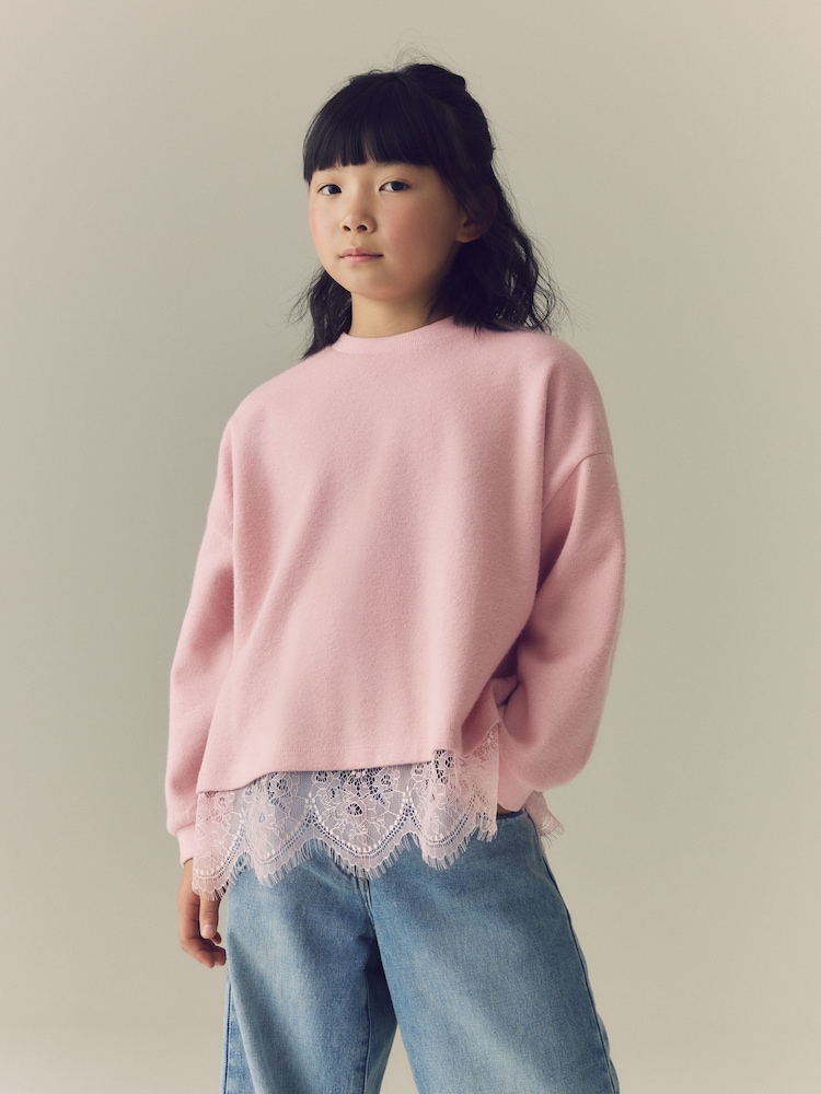 Pink Cosy Rib Lace Hem Sweatshirt (3-16yrs) - Image 1 of 9