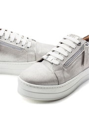 Moda in Pelle Silver Abbee Leather Slab Sole Lace Up Trainers With Zip - Image 3 of 4