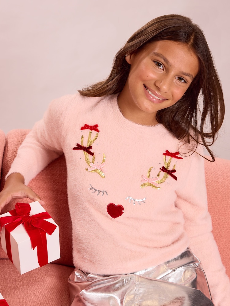 Lipsy Pink Reindeer Cosy Knit Christmas Jumper (5-16yrs) - Image 1 of 6 Lipsy Pink Reindeer Cosy Knit Christmas Jumper (5-16yrs) - Image 1 of 6