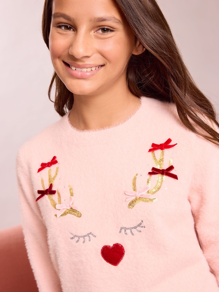 Lipsy Pink Reindeer Cosy Knit Christmas Jumper (5-16yrs) - Image 2 of 6 Lipsy Pink Reindeer Cosy Knit Christmas Jumper (5-16yrs) - Image 2 of 6