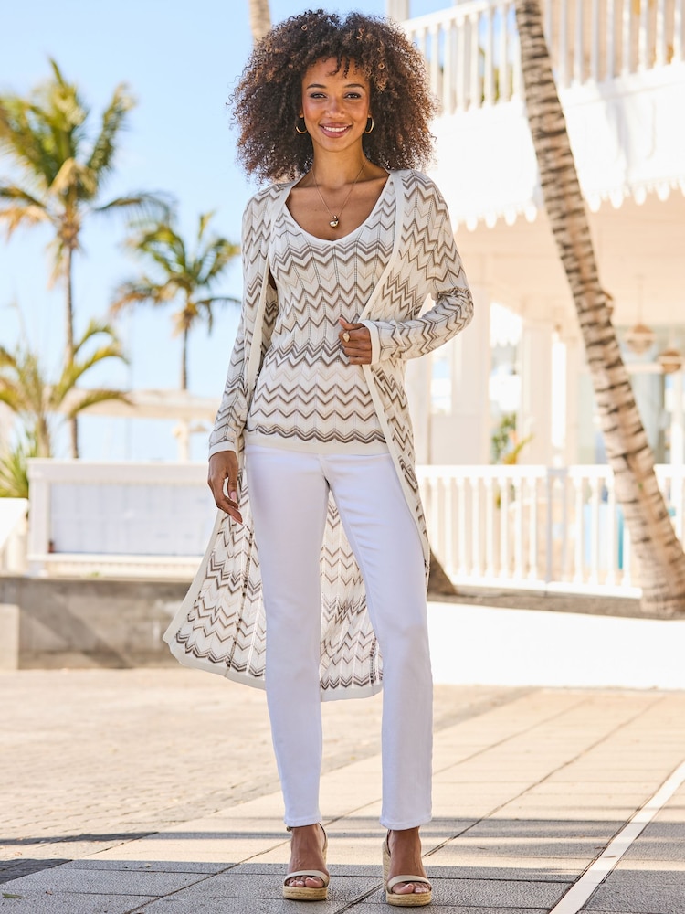 Sosandar Natural Chevron Print Longline Cardigan - Image 2 of 5 Sosandar Natural Chevron Print Longline Cardigan - Image 2 of 5