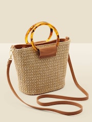 Sosandar Natural Raffia Tortoiseshell Hoop Bag With Cross Body Strap - Image 1 of 4