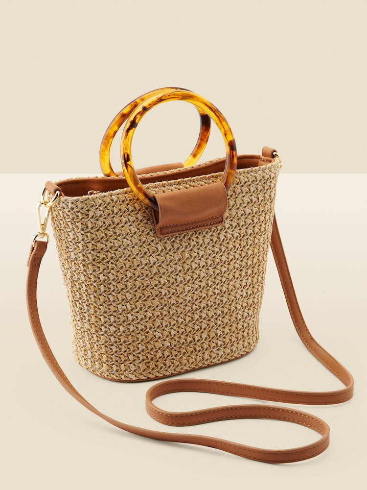 Sosandar Natural Raffia Tortoiseshell Hoop Bag With Cross Body Strap - Image 1 of 4 Sosandar Natural Raffia Tortoiseshell Hoop Bag With Cross Body Strap - Image 1 of 4