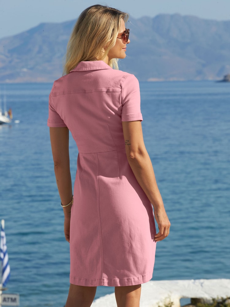 Sosandar Pink Short Sleeve Zip Front Denim Dress With Pockets - Image 5 of 5