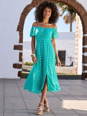Sosandar Green Spot Print Bardot Fit & Flare Midi Dress - Image 1 of 4
