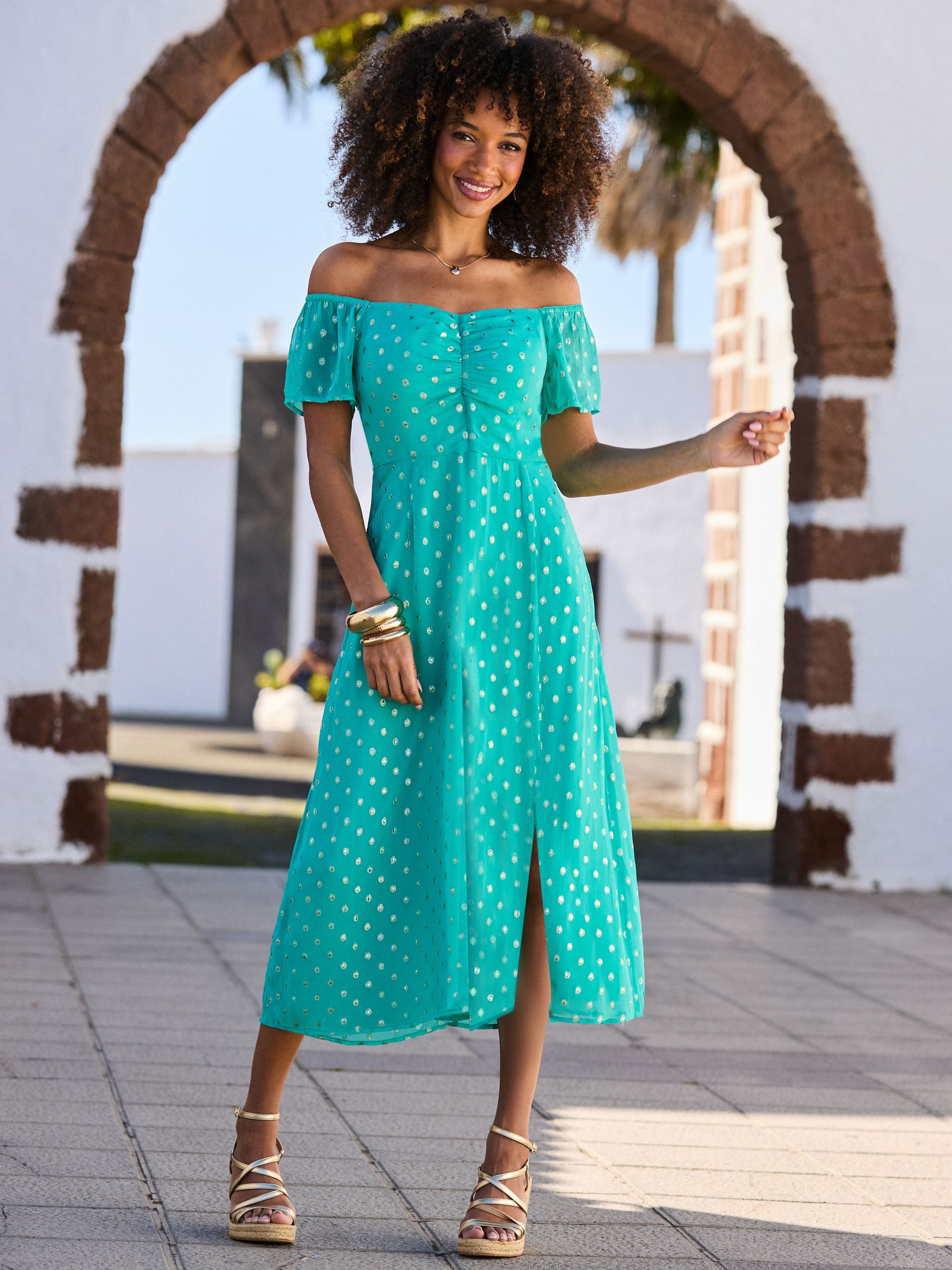 Buy Sosandar Green Spot Print Bardot Fit & Flare Midi Dress from