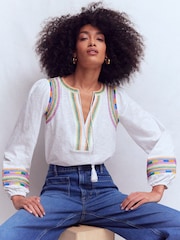 Boden White Notch Neck Embroidered Blouse - Image 1 of 5