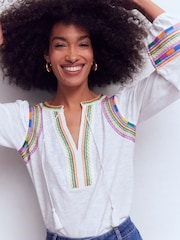 Boden White Notch Neck Embroidered Blouse - Image 2 of 5