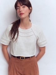 Boden White Poppy Trim Crew T-Shirt - Image 1 of 5