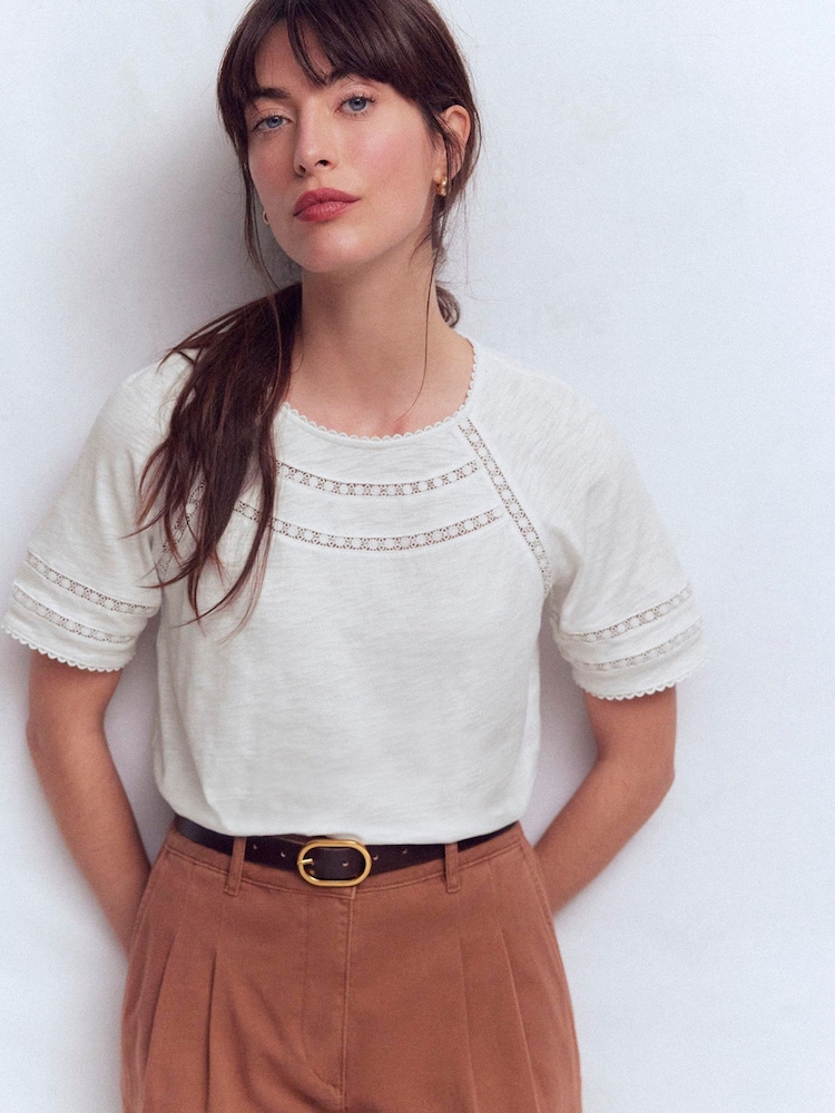 Boden White Poppy Trim Crew T-Shirt - Image 1 of 5 Boden White Poppy Trim Crew T-Shirt - Image 1 of 5