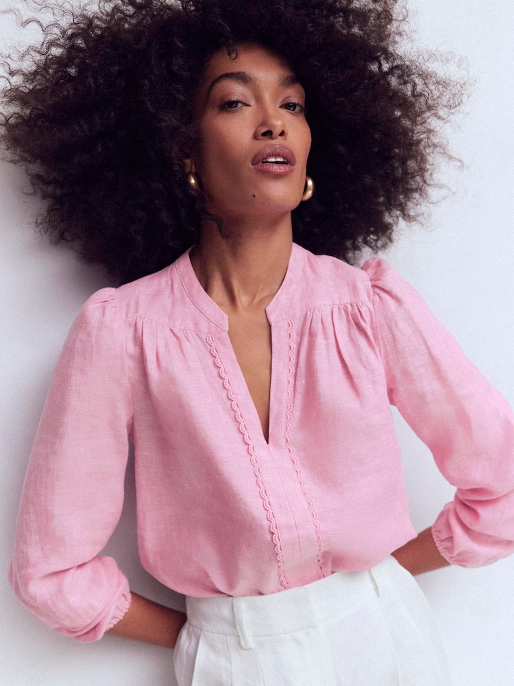 Boden Pink Notch Neck Linen Trim Top - Image 1 of 6