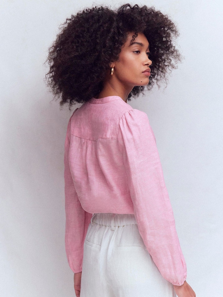 Boden Pink Notch Neck Linen Trim Top - Image 2 of 6