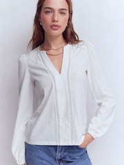 Boden White Poppy Long Sleeve Blouse - Image 4 of 5