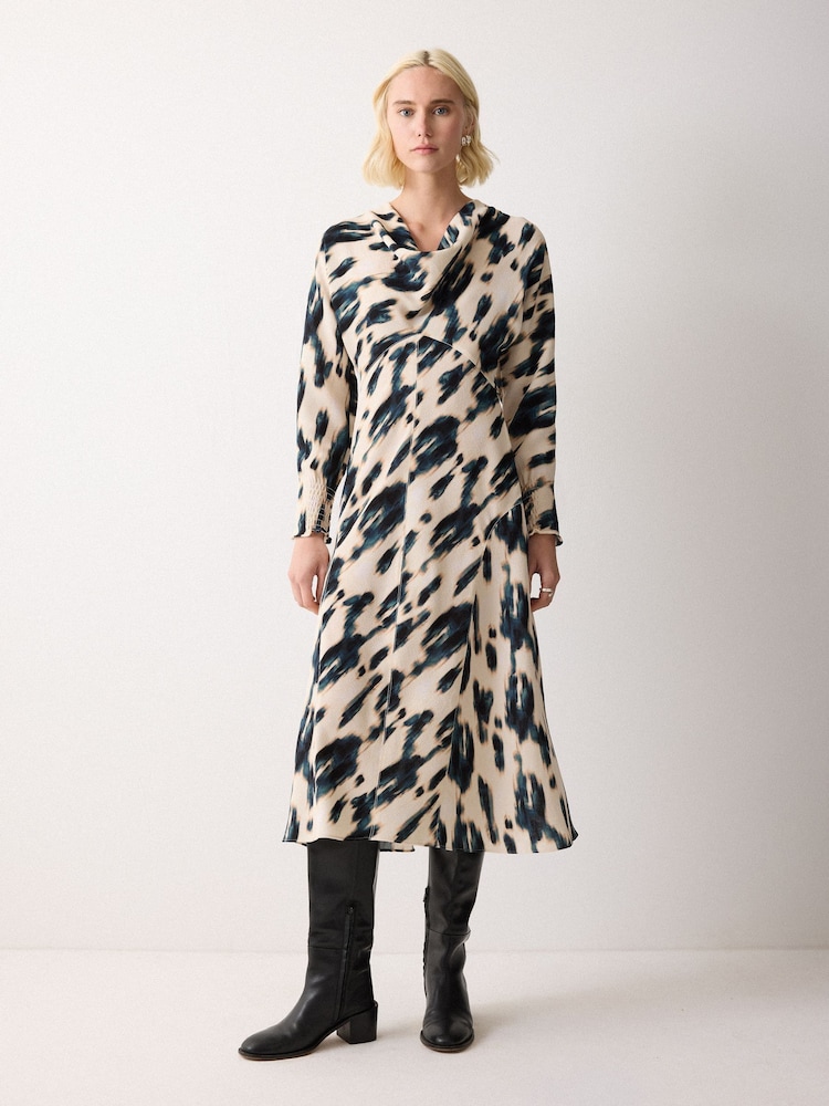 Jigsaw Cream Ikat Cowl Neck Godet Dress - Image 1 of 2