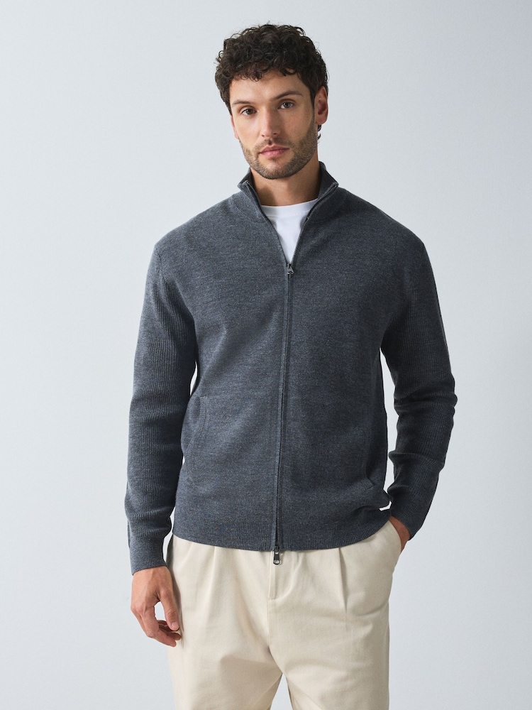 Charcoal Grey Funnel Neck Zip Up Knitted Jacket - Image 1 of 8 Charcoal Grey Funnel Neck Zip Up Knitted Jacket - Image 1 of 8