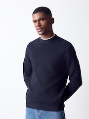 Navy Blue Knitted Mock T-Shirt Crew Jumper - Image 1 of 8