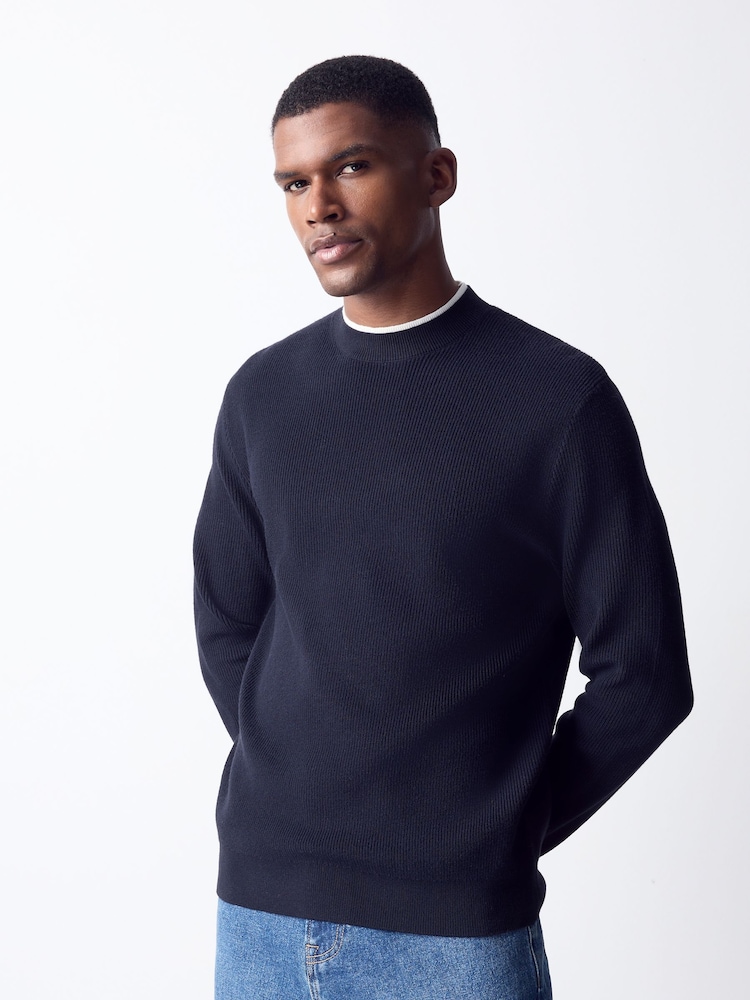 Navy Blue Knitted Mock T-Shirt Crew Jumper - Image 1 of 8 Navy Blue Knitted Mock T-Shirt Crew Jumper - Image 1 of 8