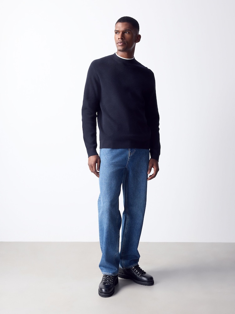 Navy Blue Knitted Mock T-Shirt Crew Jumper - Image 2 of 8 Navy Blue Knitted Mock T-Shirt Crew Jumper - Image 2 of 8