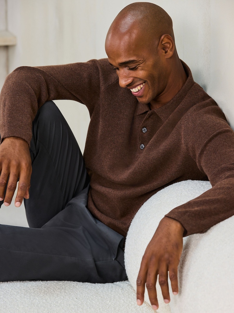 Tan Brown N. Premium Ultrasoft Smart Knitted Polo Shirt with Wool - Image 1 of 5 Tan Brown N. Premium Ultrasoft Smart Knitted Polo Shirt with Wool - Image 1 of 5