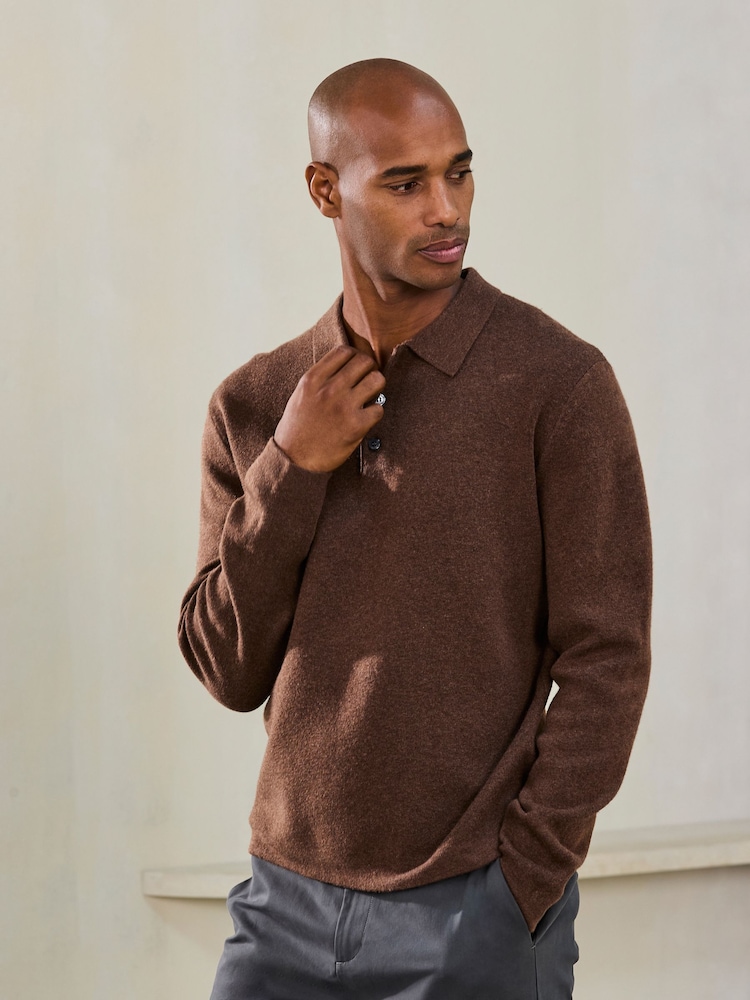 Tan Brown N. Premium Ultrasoft Smart Knitted Polo Shirt with Wool - Image 2 of 5 Tan Brown N. Premium Ultrasoft Smart Knitted Polo Shirt with Wool - Image 2 of 5