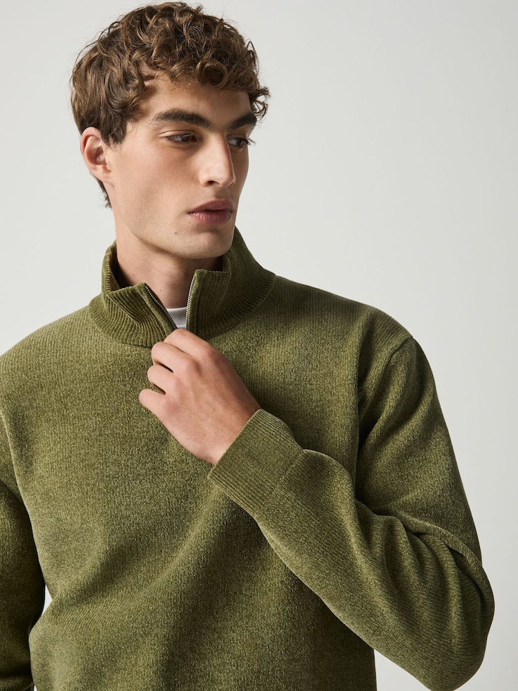 Green Logo Chenille Zip Neck Jumper - Image 1 of 5 Green Logo Chenille Zip Neck Jumper - Image 1 of 5