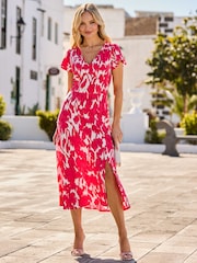Sosandar Pink Floral Print Empire Seam Midi Dress - Image 1 of 5