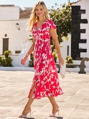 Sosandar Pink Floral Print Empire Seam Midi Dress - Image 2 of 5