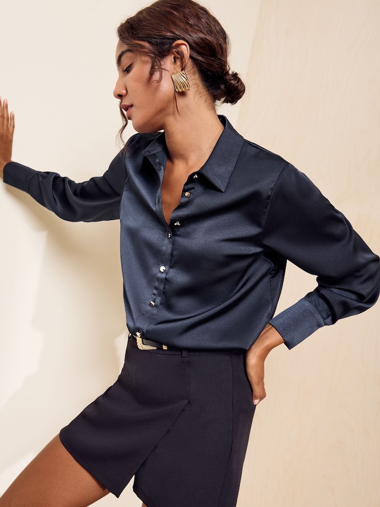 Friends Like These Navy Satin Button Through Shirt - Image 1 of 6 Friends Like These Navy Satin Button Through Shirt - Image 1 of 6