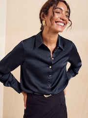 Friends Like These Navy Satin Button Through Shirt - Image 4 of 6