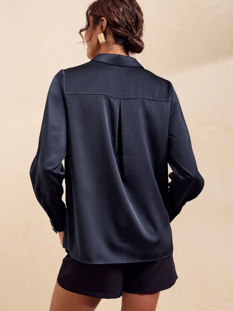 Friends Like These Navy Satin Button Through Shirt - Image 6 of 6 Friends Like These Navy Satin Button Through Shirt - Image 6 of 6
