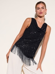 Friends Like These Black Cowl Neck Lace Fringe Top With Sequins - Image 1 of 5