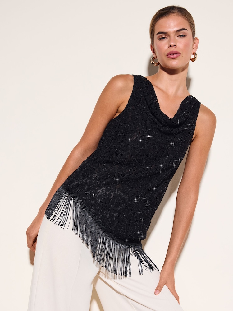 Friends Like These Black Cowl Neck Lace Fringe Top With Sequins - Image 1 of 5 Friends Like These Black Cowl Neck Lace Fringe Top With Sequins - Image 1 of 5