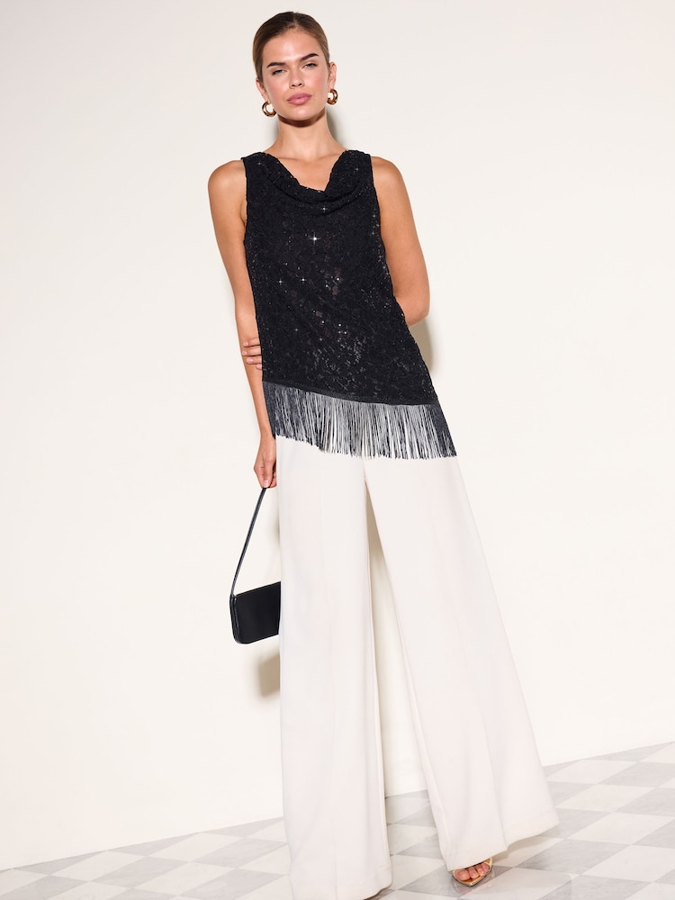 Friends Like These Black Cowl Neck Lace Fringe Top With Sequins - Image 2 of 5 Friends Like These Black Cowl Neck Lace Fringe Top With Sequins - Image 2 of 5