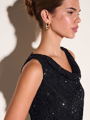 Friends Like These Black Cowl Neck Lace Fringe Top With Sequins - Image 3 of 5