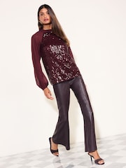 Friends Like These Burgundy Red Chiffon Sleeve Sequin Blouse - Image 2 of 5