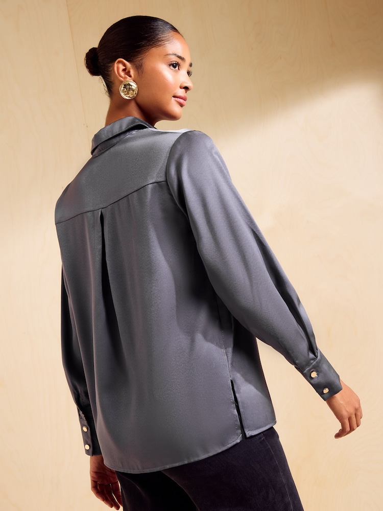 Friends Like These Grey Satin Button Through Shirt - Image 5 of 5 Friends Like These Grey Satin Button Through Shirt - Image 5 of 5