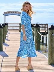 Sosandar Blue Abstract Print Hoop Detail Split Front Midi Dress - Image 2 of 5