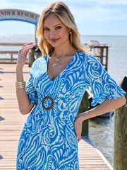 Sosandar Blue Abstract Print Hoop Detail Split Front Midi Dress - Image 5 of 5