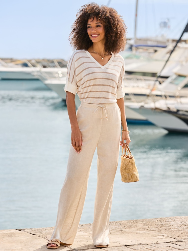 Sosandar Stripe Linen Blend Striped Tab Sleeve T-Shirt - תמונה 2 מתוך 5 Sosandar Stripe Linen Blend Striped Tab Sleeve T-Shirt - תמונה 2 מתוך 5