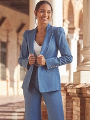 Sosandar Blue Petite Denim Gold Button Detail Jacket - Image 1 of 5