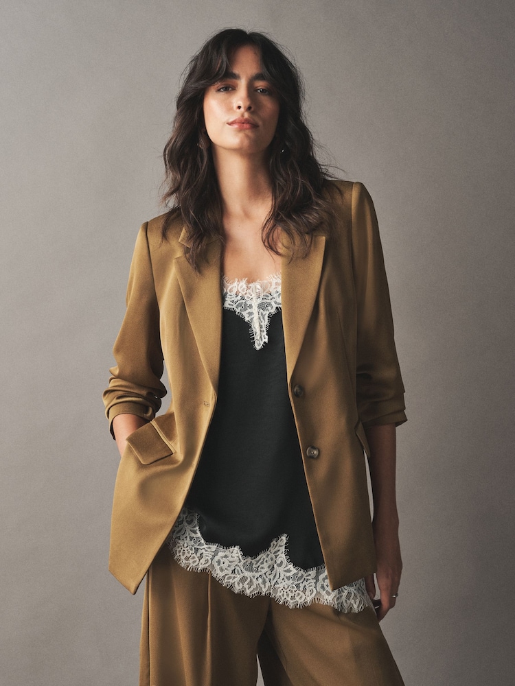 Khaki Satin Single Breasted Blazer - Image 1 of 8 Khaki Satin Single Breasted Blazer - Image 1 of 8