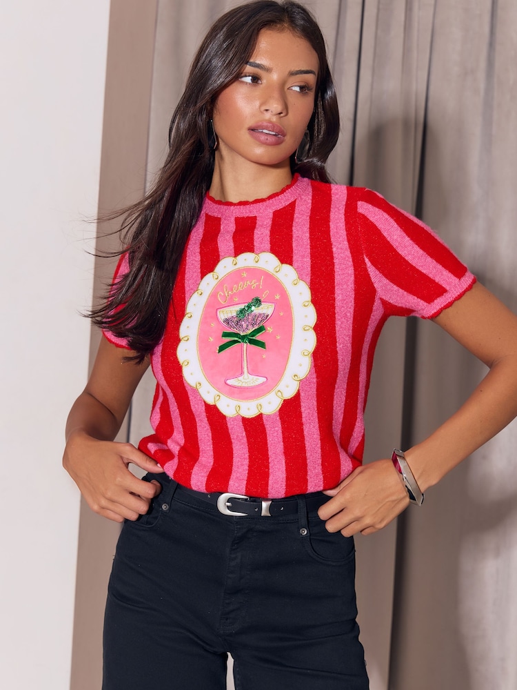 Lipsy Pink and Red Christmas Cocktail Cheers Stripe Knitted Top - Image 1 of 4