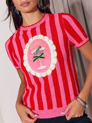 Lipsy Pink and Red Christmas Cocktail Cheers Stripe Knitted Top - Image 2 of 4