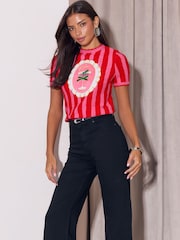 Lipsy Pink and Red Christmas Cocktail Cheers Stripe Knitted Top - Image 3 of 4