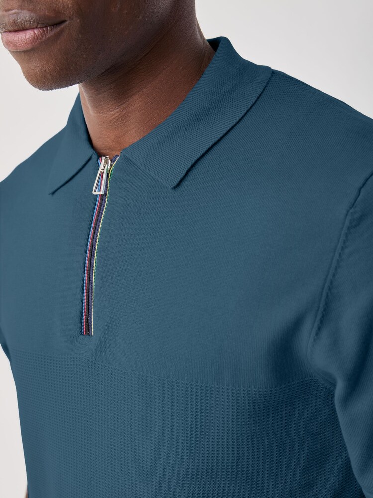 PS Paul Smith Inky Blue Block Rib Signature Stripe Zip Neck Polo Shirt - Image 4 of 4 PS Paul Smith Inky Blue Block Rib Signature Stripe Zip Neck Polo Shirt - Image 4 of 4