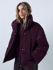 Burgundy Red Polka Dot Short Funnel Neck Padded Puffer Jacket - Image 3 of 5