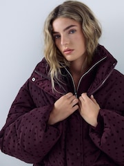 Burgundy Red Polka Dot Short Funnel Neck Padded Puffer Jacket - Image 5 of 5