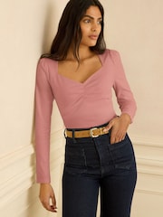 Love & Roses Rose Pink Sweetheart Neck Long Sleeve Top - Image 1 of 4